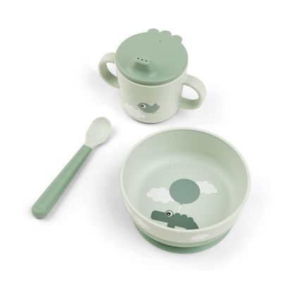 Done by Deer Foodie First Meal Set with Suction Base - Happy Clouds - Green - 3-Piece Toddler Feeding Set with Bowl, 2-Handle Spout Cup & Easy-Grip Spoon - Dishwasher & Microwave Safe