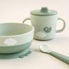 Done by Deer Foodie First Meal Set with Suction Base - Happy Clouds - Green - 3-Piece Toddler Feeding Set with Bowl, 2-Handle Spout Cup & Easy-Grip Spoon - Dishwasher & Microwave Safe view 3