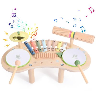 Asweets 7 in 1 Kids Drum Set for Toddlers Wooden Xylophone Musical Instruments Kit Play Set for Toddler Baby Drum Set Montessori Toys Sensory Toys Birthday Gifts for Girls Boys (Moon)
