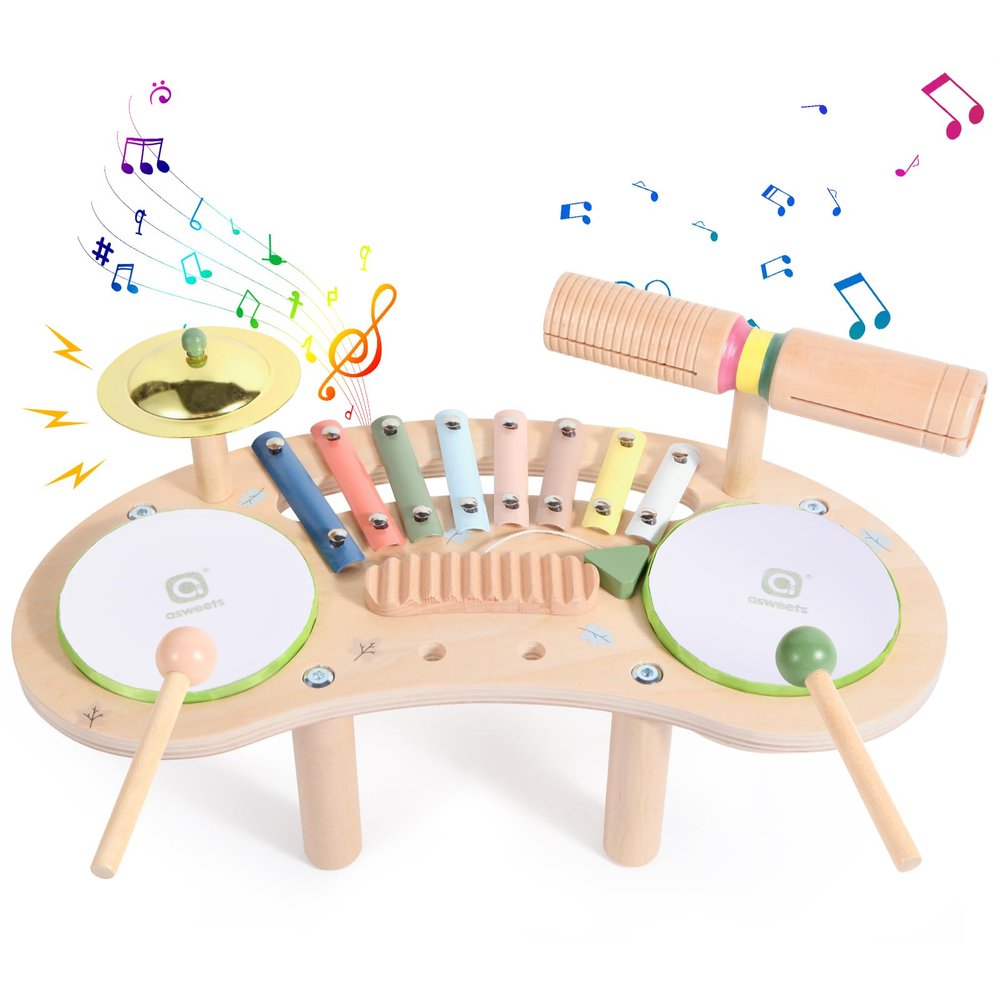 Asweets 7 in 1 Kids Drum Set for Toddlers Wooden Xylophone Musical Instruments Kit Play Set for Toddler Baby Drum Set Montessori Toys Sensory Toys Birthday Gifts for Girls Boys (Moon)