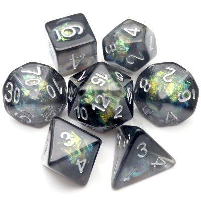 Haxtec DND Dice Set 7PCS Resin Dice Set Black with Iridescent Mylar Inclusion Polyhedral D&D Dice for Roleplaying Dice Games Compatible with Dungeons and Dragons