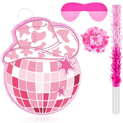 Lewtemi 15.7 Inch Cowboy Hat Piata Western Cowboy Theme Birthday Party Decors Favors with Blindfold Stick Confetti Photo Prop Candy Holder Valentine Party Supplies(Disco Ball)