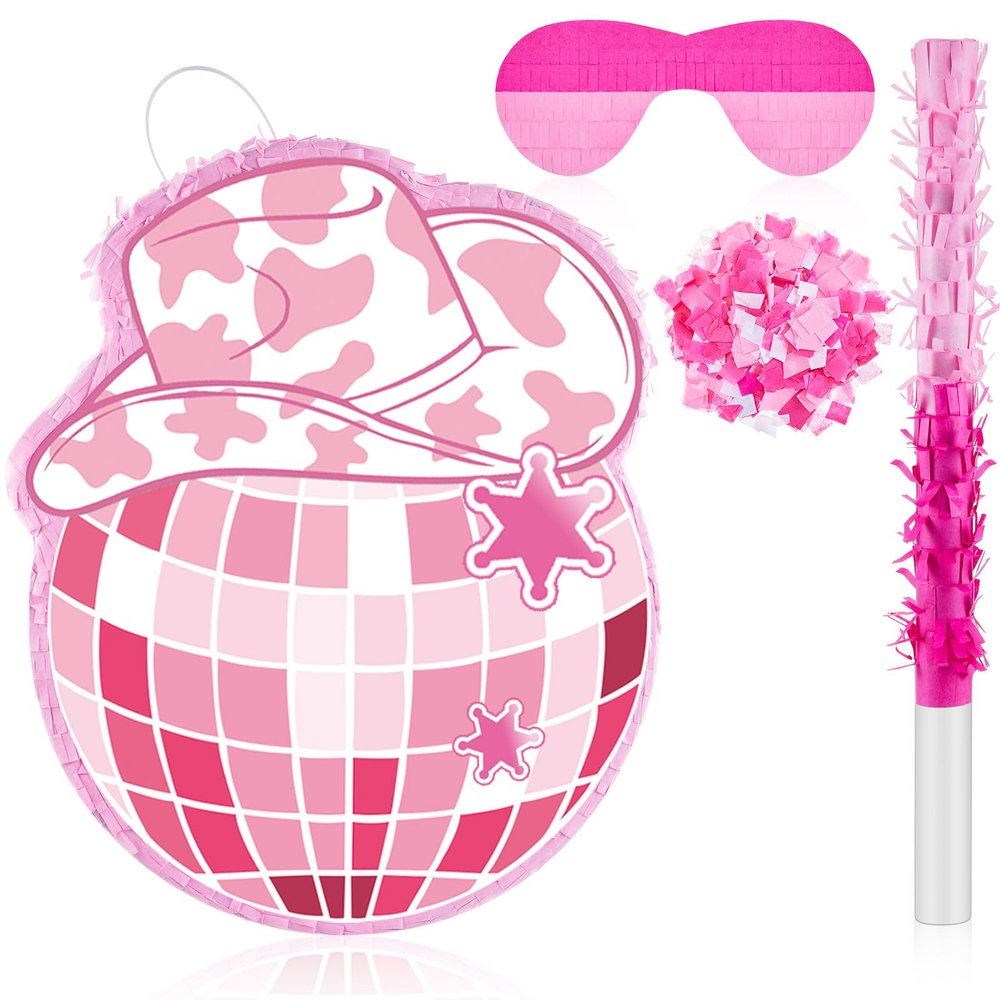 Lewtemi 15.7 Inch Cowboy Hat Piata Western Cowboy Theme Birthday Party Decors Favors with Blindfold Stick Confetti Photo Prop Candy Holder Valentine Party Supplies(Disco Ball)