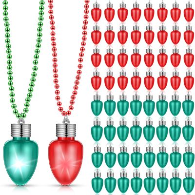 Jenaai 72 Pcs Light Up Christmas Bulb Necklace on Mardi Gras Beads, LED Light Bulbs Necklace Flashing Glow in The Dark Necklaces for Christmas Party Favor Stocking Stuffers (Red,Green)