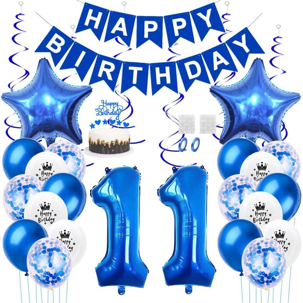 Daimay 11st Birthday Party Decorations Blue Happy Birthday Banner Flag Latex Confetti Balloons Number 11 Foil Balloon Star Mylar Balloons Cake Topper for Men Women Anniversary Party Supplies