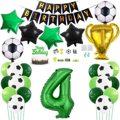 Daimay 29PCS Soccer Birthday Party Decoration Sports Theme Football Party Supplie Champion Trophy Foil Balloon 4th Happy Birthday Banner Green White Black Soccer Balloons Cake Topper for Soccer Fans