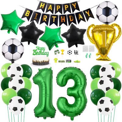 Daimay 29PCS Soccer Birthday Party Decoration Sports Theme Football Party Supplie Champion Trophy Foil Balloon 13rd Happy Birthday Banner Green White Black Soccer Balloons Cake Topper for Soccer Fans