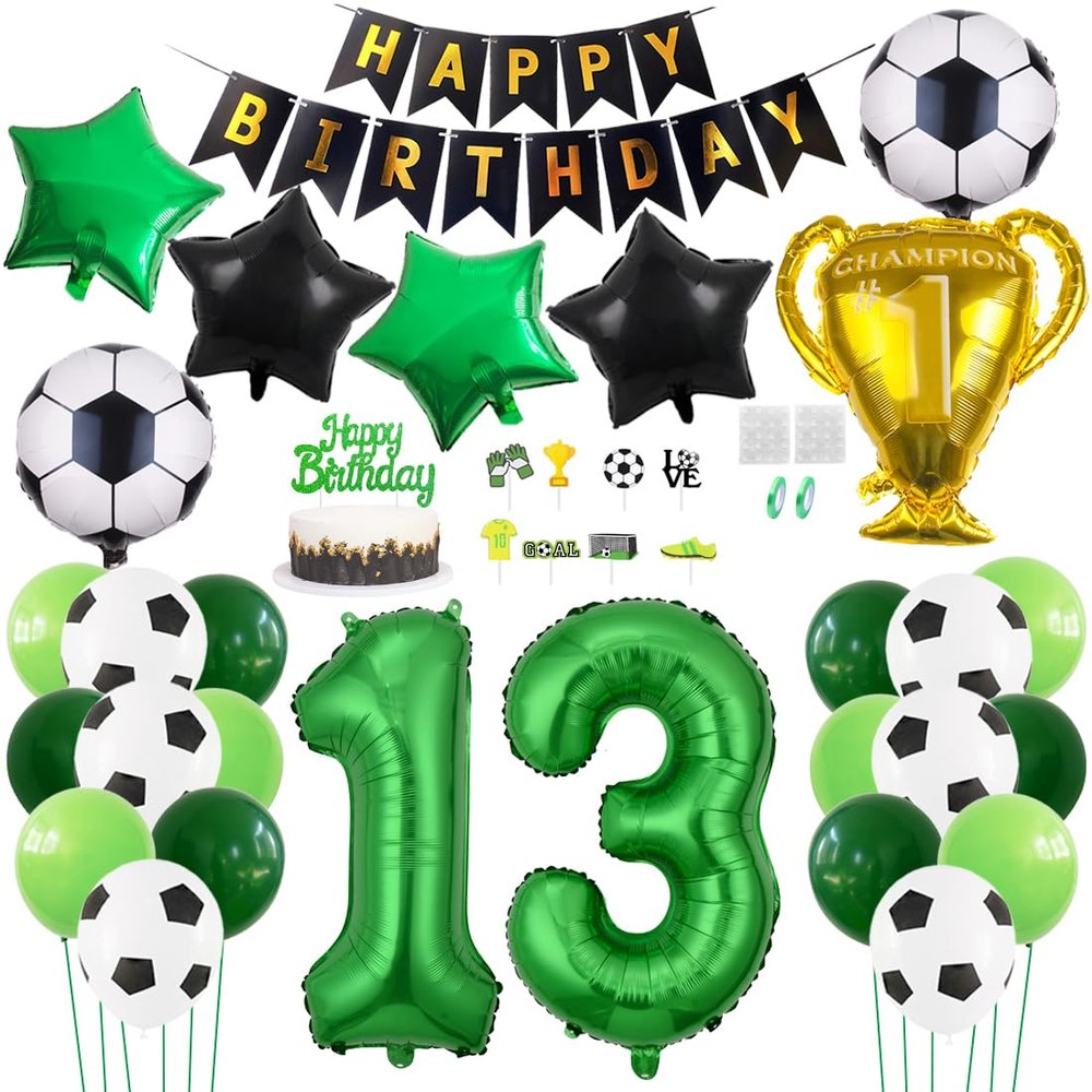 Daimay 29PCS Soccer Birthday Party Decoration Sports Theme Football Party Supplie Champion Trophy Foil Balloon 13rd Happy Birthday Banner Green White Black Soccer Balloons Cake Topper for Soccer Fans