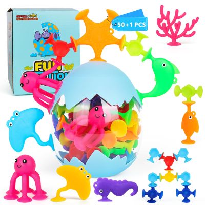 50 Pieces Suction Bath Toys for Kids Age 3+, Baby Silicone Ocean Animal Sucker Toys with Dinosaur Eggshell, Sensory Travel Window Toys for Toddlers, Stress Release Gifts for Boys Girls Ages 4-8