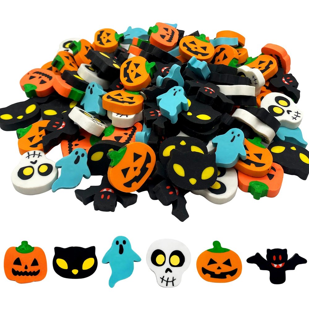 ZAKVOOR 96 Pcs Halloween Erasers, Pumpkin Ghost Bat Skull Pencil Erasers for Office Supplies, Desk Decor, Halloween Themed Stationery Accessories