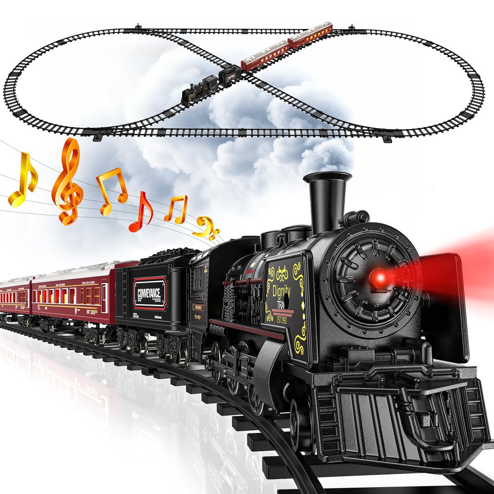 Hot Bee Train Set, Train Toys with Luxury Tracks & Glowing Passenger Cars, Metal Toy Train with Smoke, Sound and Light, Toddler Model Train Set for 3 4 5 6 7+ Years Old Boys Gifts Kids