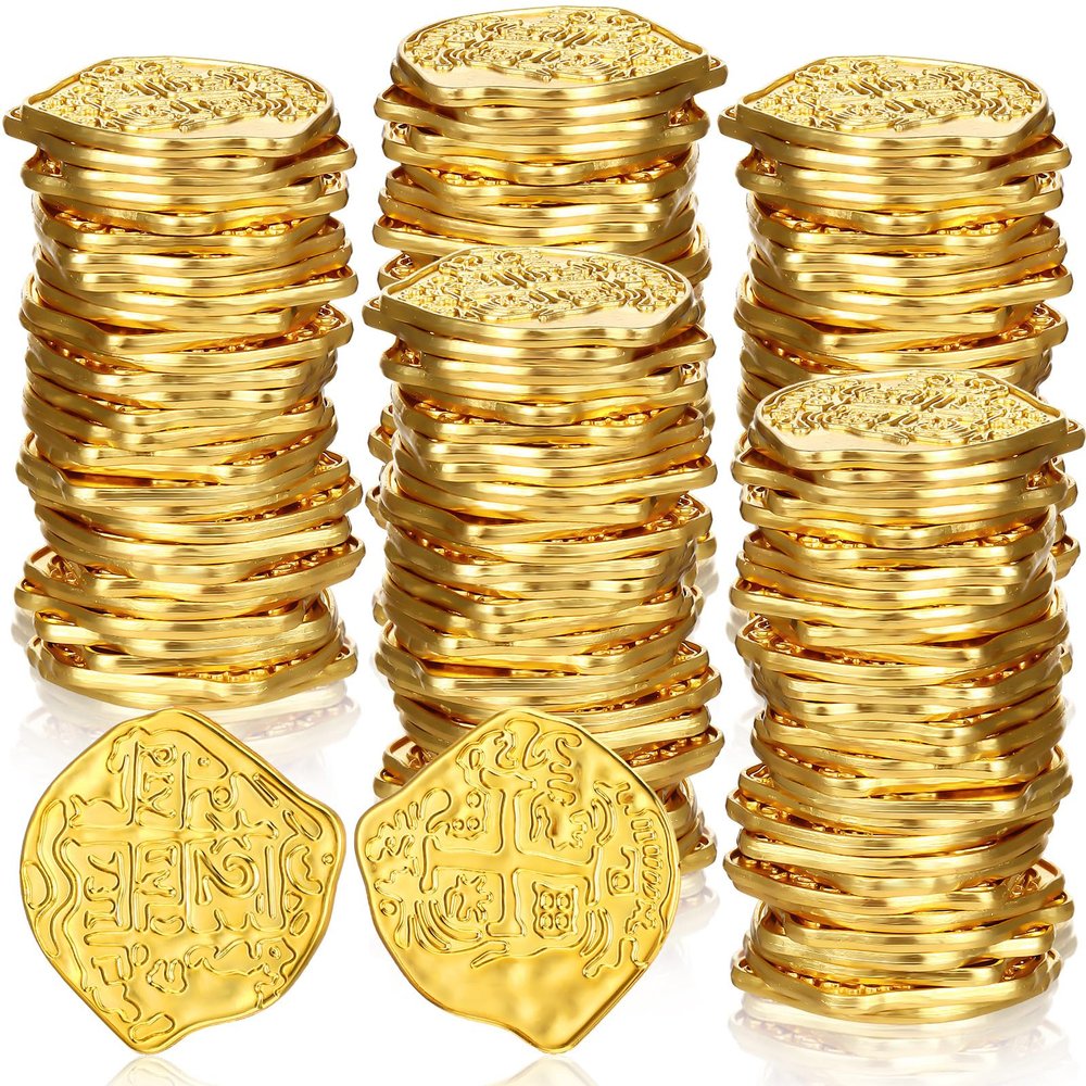 Hanaive 50 Pcs Metal Pirate Coins Spanish Doubloon Replicas Pirate Treasure Metal Tokens Fake Play Coins for Kids Board Games Pirate Party Cosplay (Gold)