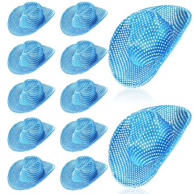 Sotiff 12 Pcs Mini Cowboy Hat Tiny Disco Glitter Hats for Crafts Little Miniature Western Hats for Doll Dessert Pet Gifts(Blue)