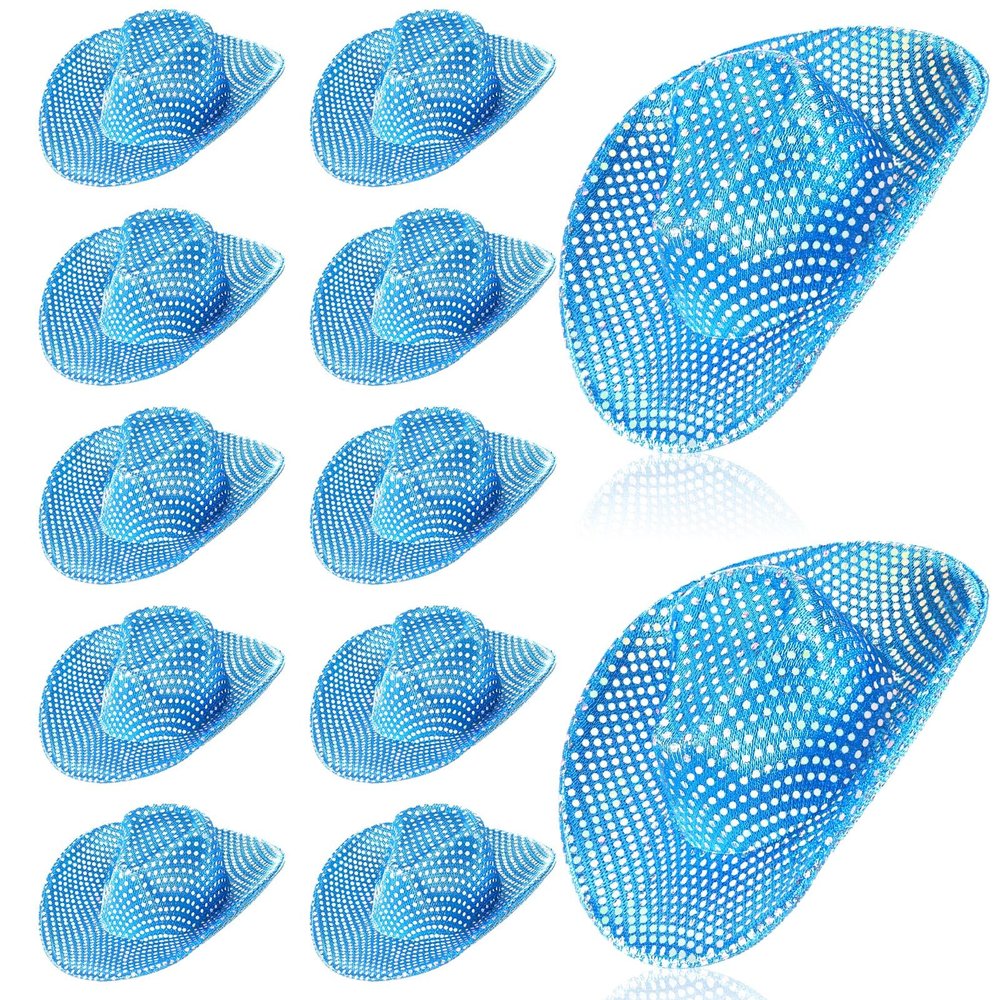 Sotiff 12 Pcs Mini Cowboy Hat Tiny Disco Glitter Hats for Crafts Little Miniature Western Hats for Doll Dessert Pet Gifts(Blue)