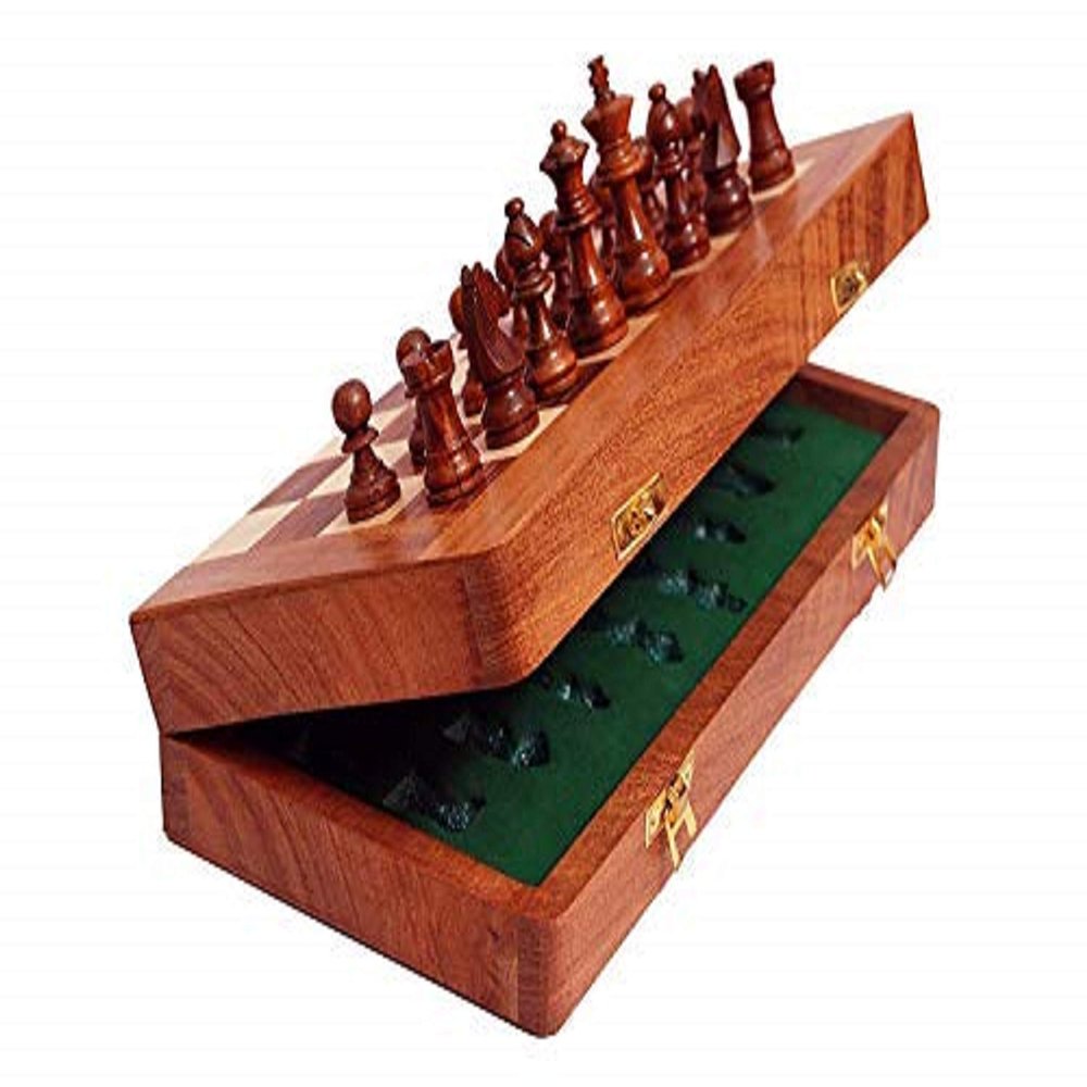 DnU Avenue Wooden Magnetic Chess Board Set for Adults & Kids, Board Game, 7" Folding Chess Board, Handcrafted Portable Travel Chess Game for Beginner with Pieces Storage Slots (Size 7 Inch)
