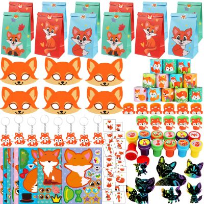 Fox Party Favors, 132PCS Fox Themed Birthday Party Supplies, Fox Gifts Goodie Bag Stuffers Stickers Stamps Toys Pinata Prizes for Jungle Safari Party Woodland Creatures Fox Birthday Party Decorations