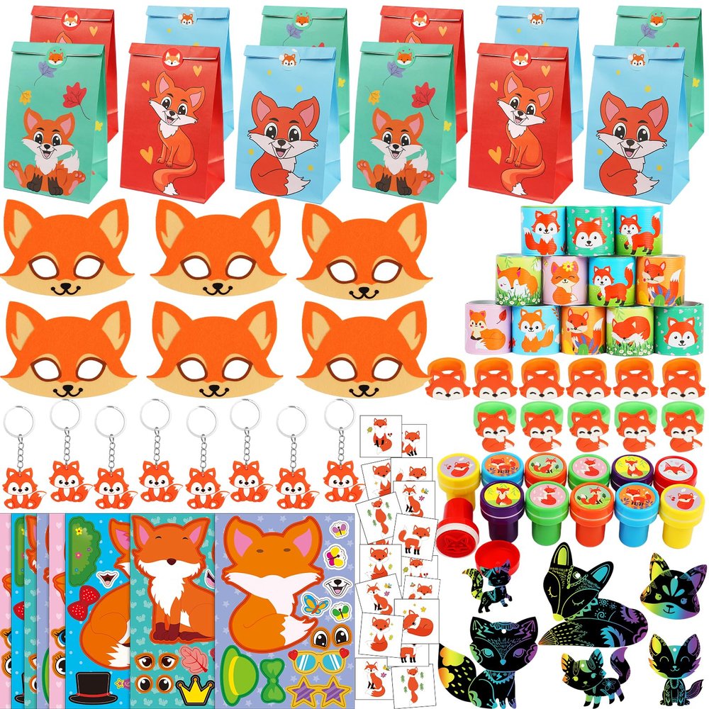 Fox Party Favors, 132PCS Fox Themed Birthday Party Supplies, Fox Gifts Goodie Bag Stuffers Stickers Stamps Toys Pinata Prizes for Jungle Safari Party Woodland Creatures Fox Birthday Party Decorations