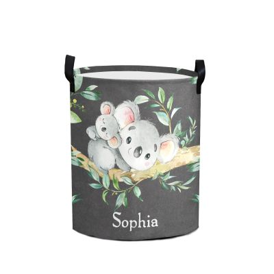 Personalized Koala Watercolor Leaves Laundry Basket with Name Text Waterproof Bedroom Living Room Storage Basket
