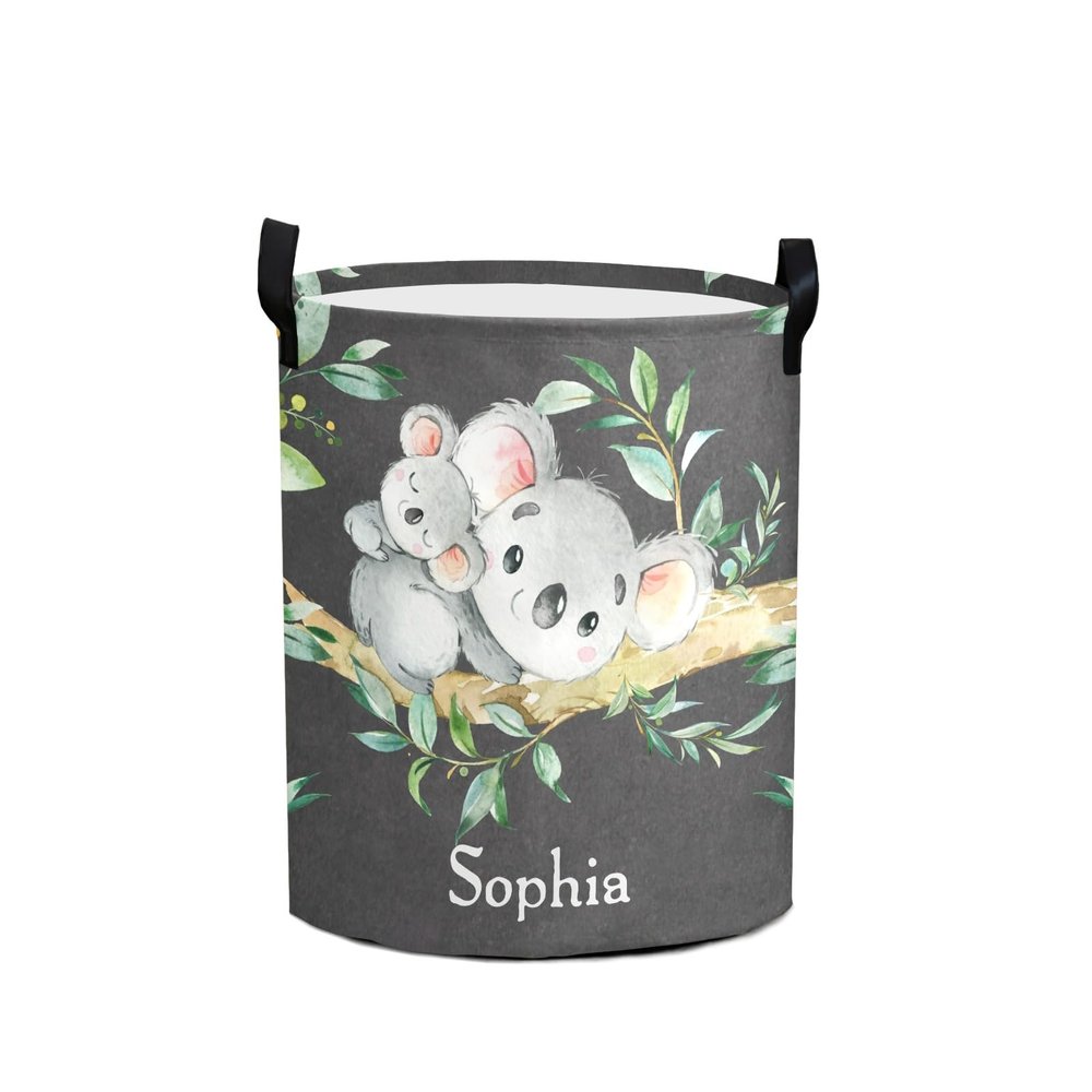 Personalized Koala Watercolor Leaves Laundry Basket with Name Text Waterproof Bedroom Living Room Storage Basket