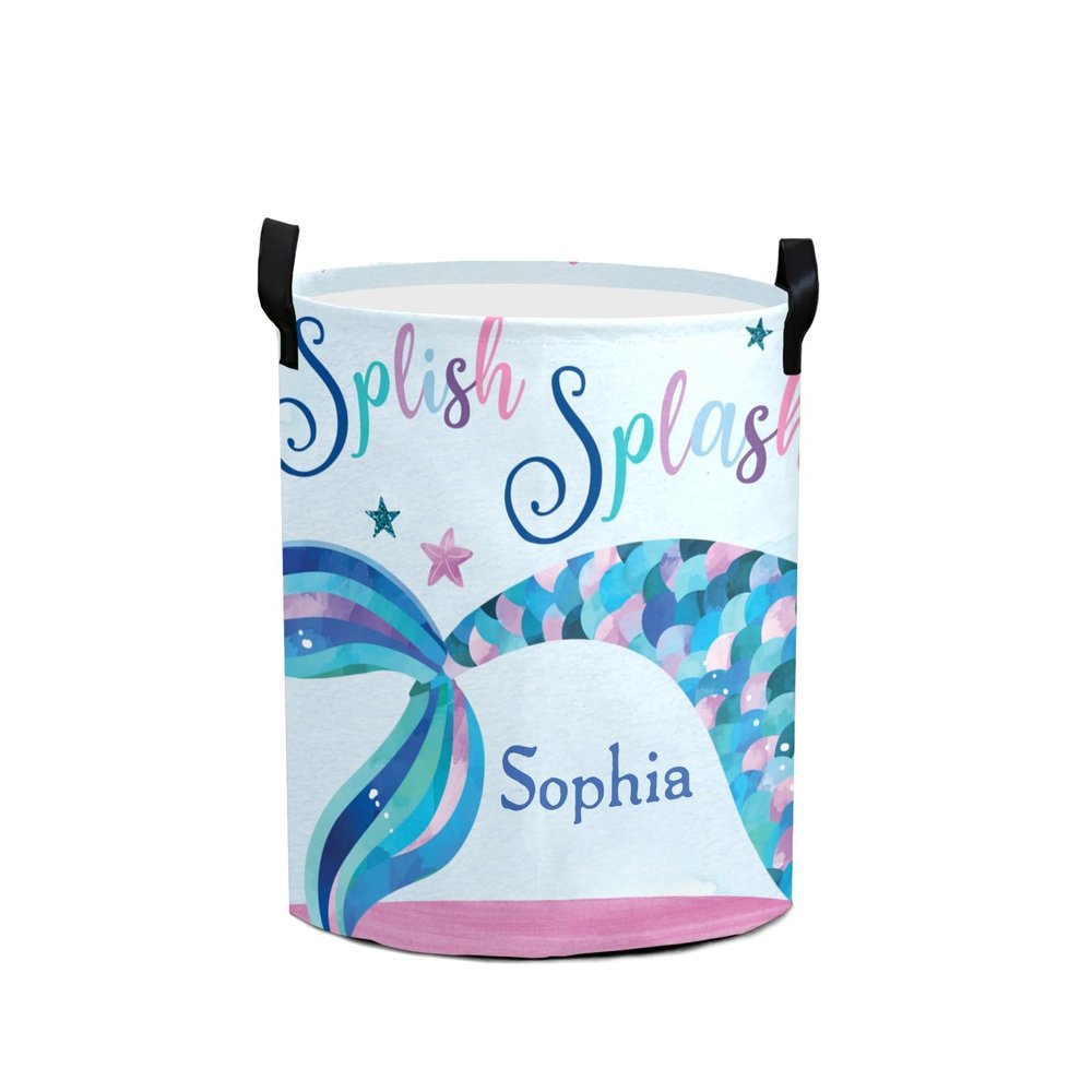 Custom Fantasy Watercolor Mermaids Storage Basket with Handles Personalized Name Waterproof Collapsible Laundry Baskets for Clothes