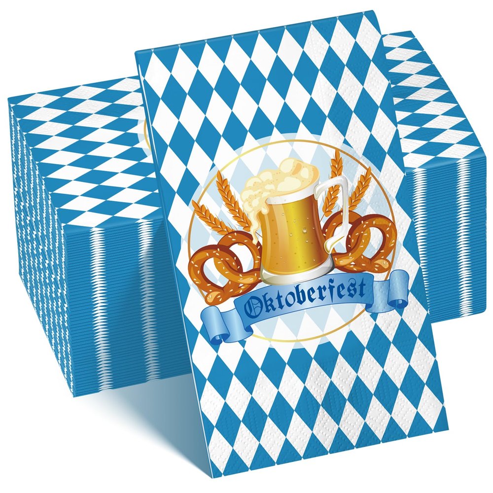 100Pcs Oktoberfest Paper Napkins Decorations, Oktoberfest Blue and White Bavarian Flag Check Luncheon Decorative Paper Napkins, Disposable Napkins for Beer Theme Oktoberfest Decorations Party Supplies