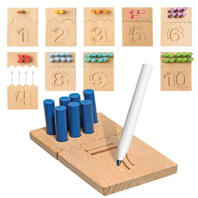 Bimi Boo Counting Peg Boards and Number Tracing for Kids - Wooden Montessori Arithmetic Math Toy Set for Toddlers and Preschoolers - Math Manipulatives for Kindergarten (55 Pegs, 10 Boards, 1 Pencil)