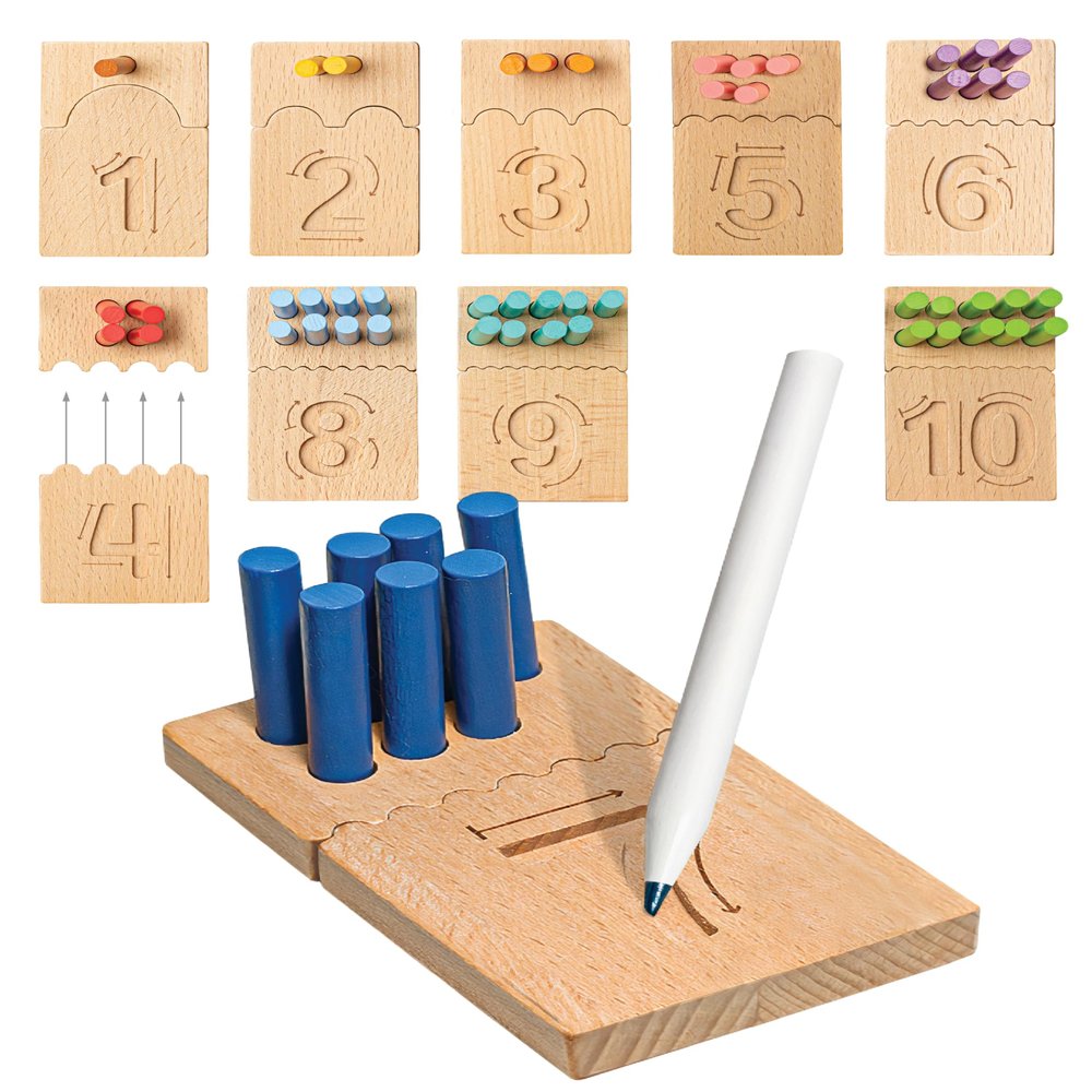 Bimi Boo Counting Peg Boards and Number Tracing for Kids - Wooden Montessori Arithmetic Math Toy Set for Toddlers and Preschoolers - Math Manipulatives for Kindergarten (55 Pegs, 10 Boards, 1 Pencil)