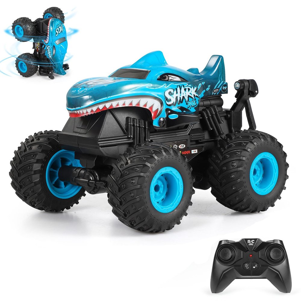 DYODYORC Remote Control Car, 2.4Ghz All Terrain Shark Monster Truck Toys, RC Truck with Music, 3 Lighting Effects, 360 Stunt Capable, 2 Batteries Ready to Run, Toy Gifts for Boys and Girls (Blue)