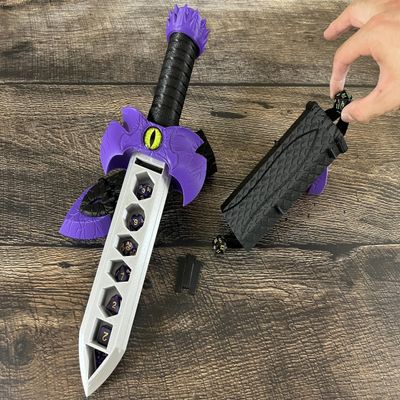 MunnyGrubbers - Talking Dragon Sword Dagger Dice Holder and Tower - Random 7pc D20 Dice Included - Ask YES/NO Questions, Decision Making, DND, Dungeons and Dragons Gift (Purple)