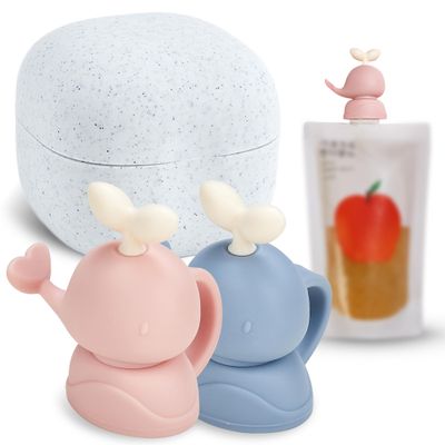 FIRGI Whale SoftSip Food Pouch Topper | 2EA + Travel Case | Prevent Spills & Leakage | Protect Child Baby Toddler Mouth | Food Grade Silicone Reusable | Baby Led Weaning | BPA Free| Pink+Blue