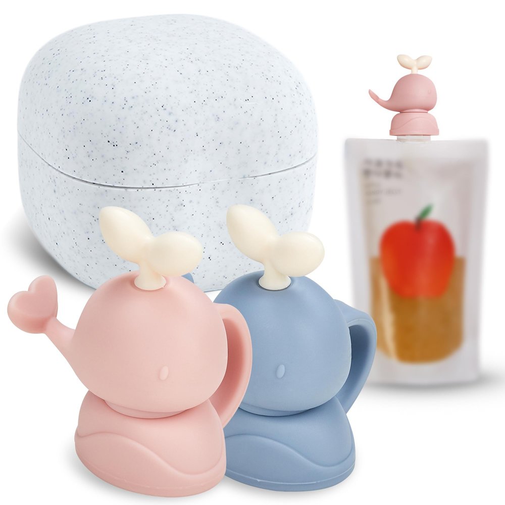 FIRGI Whale SoftSip Food Pouch Topper | 2EA + Travel Case | Prevent Spills & Leakage | Protect Child Baby Toddler Mouth | Food Grade Silicone Reusable | Baby Led Weaning | BPA Free| Pink+Blue