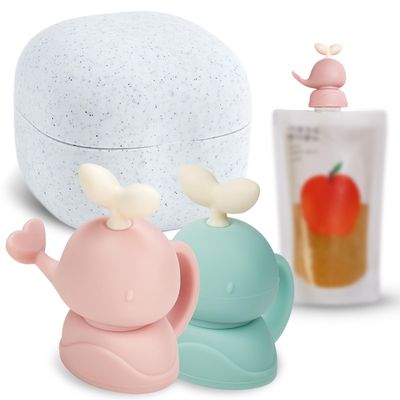 FIRGI Whale SoftSip Food Pouch Topper | 2EA + Travel Case | Prevent Spills & Leakage | Protect Child Baby Toddler Mouth | Food Grade Silicone Reusable | Baby Led Weaning | BPA Free| Mint+Pink