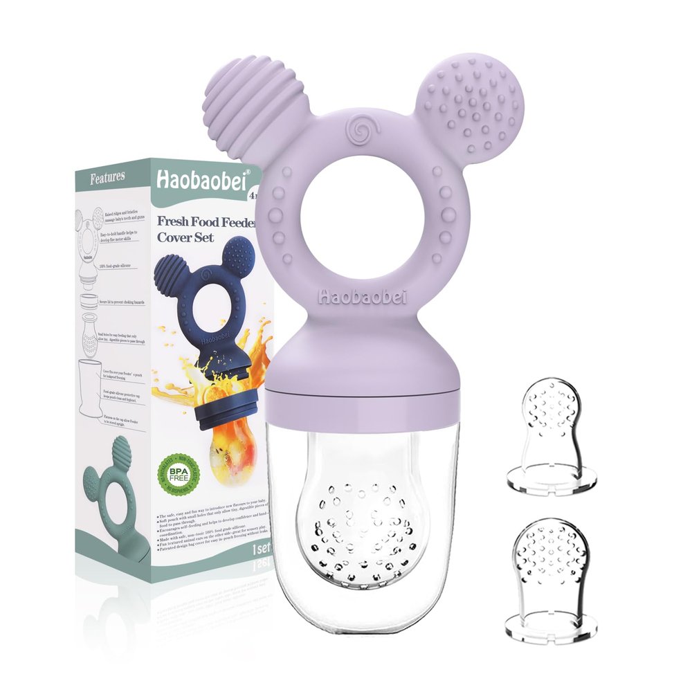 HAOBAOBEI Baby Fruit Feeder, Frozen Teething Toys for Babies, Teether Pacifier with 3 Extra Teats, Eating Essentials, BPA Free Baby Feeding Supplies (Lavender)