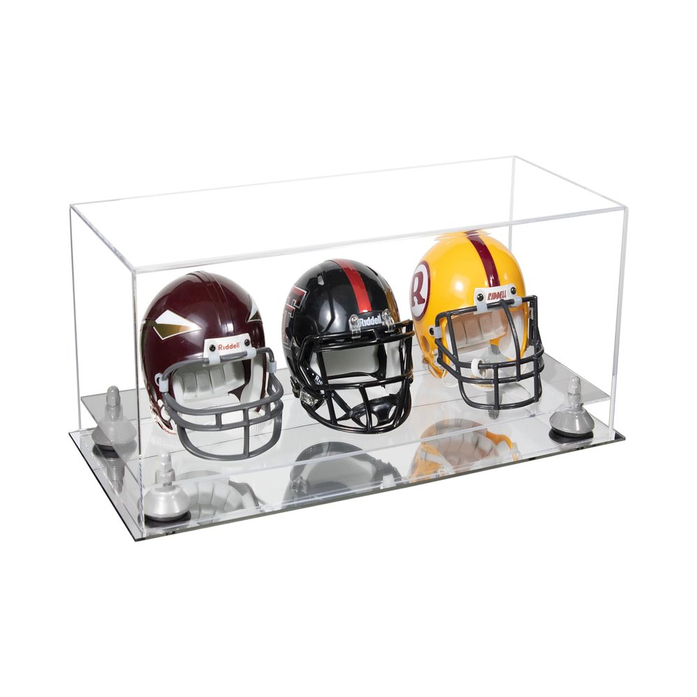 Better Display Cases Acrylic Three Mini - Miniature Football Helmets (not Full Size) Display Case with Clear Case, White Risers and Mirror Base 19.25" x 8.25" x 8" (V47/A103)