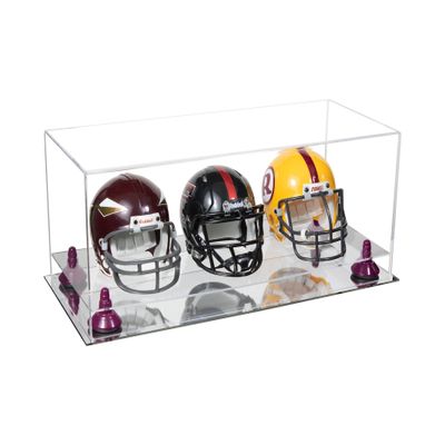 Better Display Cases Acrylic Three Mini - Miniature Football Helmets (not Full Size) Display Case with Clear Case, Purple Risers and Mirror Base 19.25" x 8.25" x 8" (V47/A103)