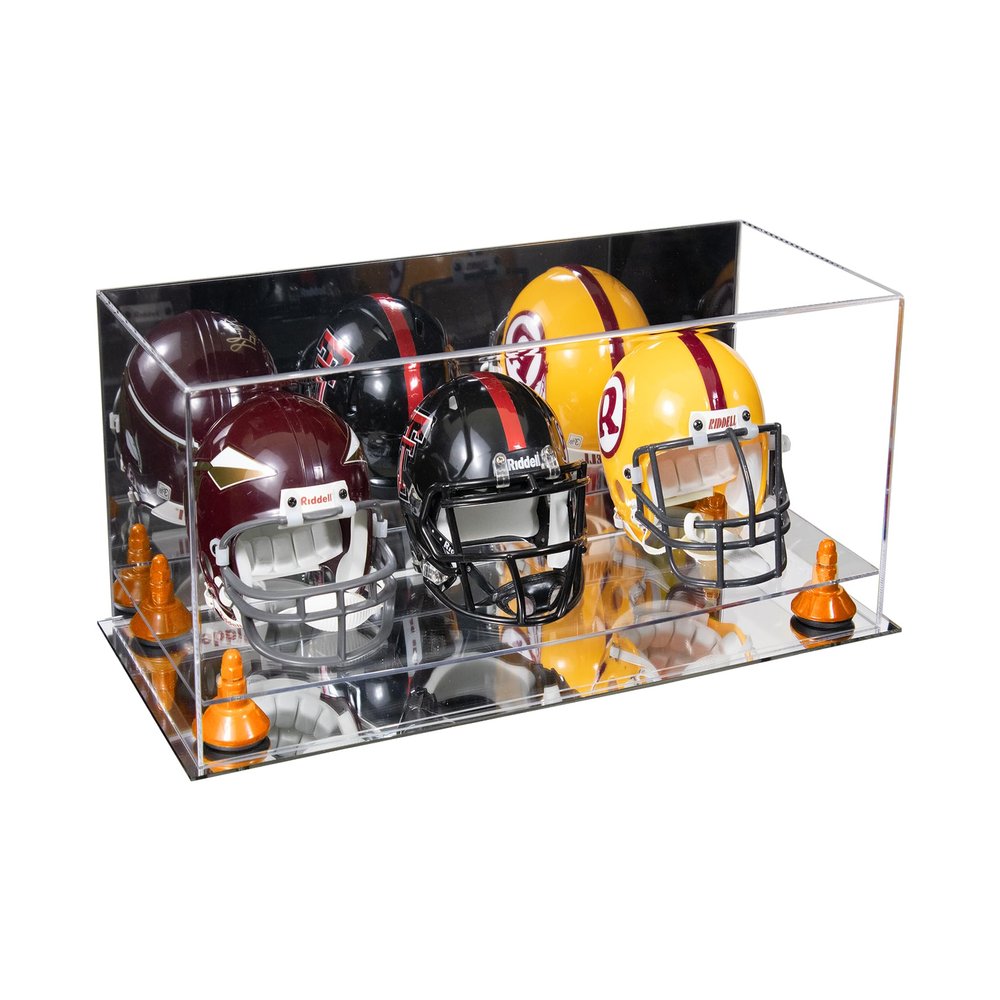 Better Display Cases Acrylic Three Mini - Miniature Football Helmets (not Full Size) Display Case with Mirror Case, Orange Risers and Mirror Base 19.25" x 8.25" x 8" (V47/A103)