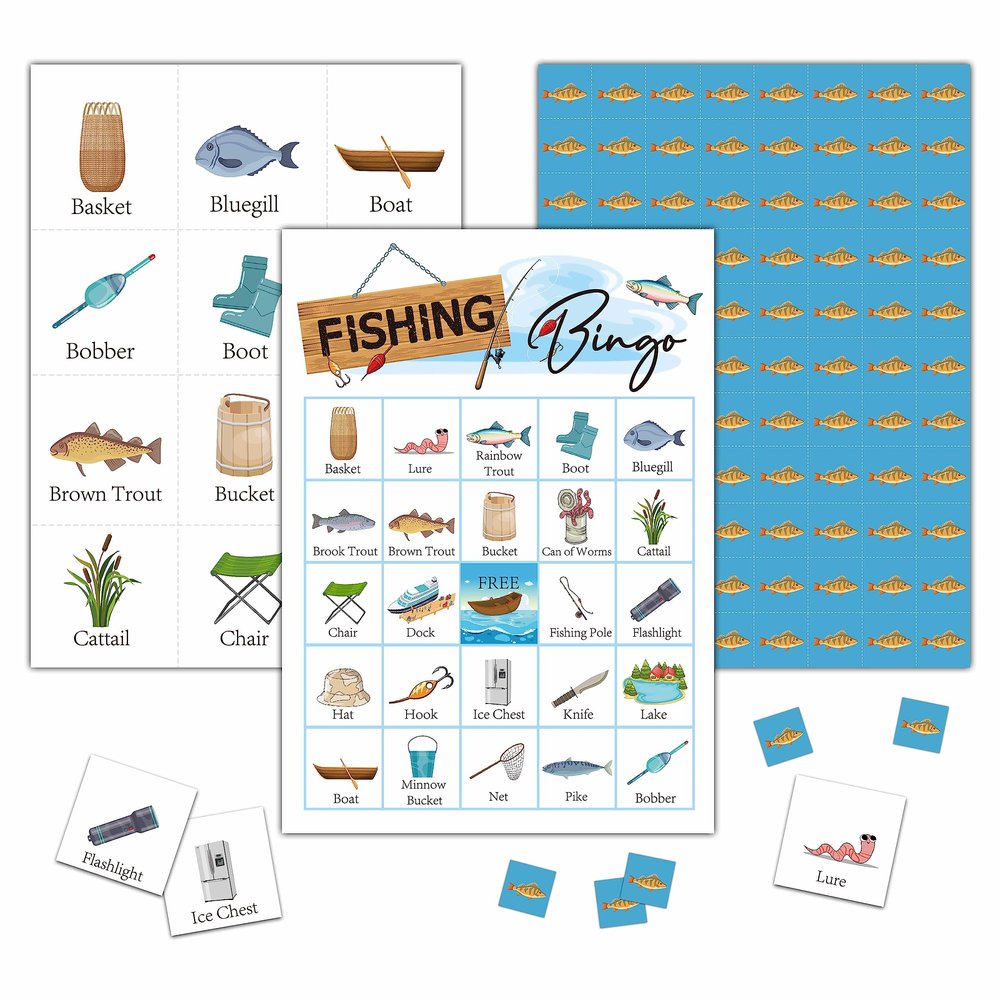 KFNER Fishing Bingo Game - Let's Go Fishing Bingo Card - 24 Players Game Set Indoor Outdoor Activities - Camping Party, Birthday Party Favors Supplies -A01