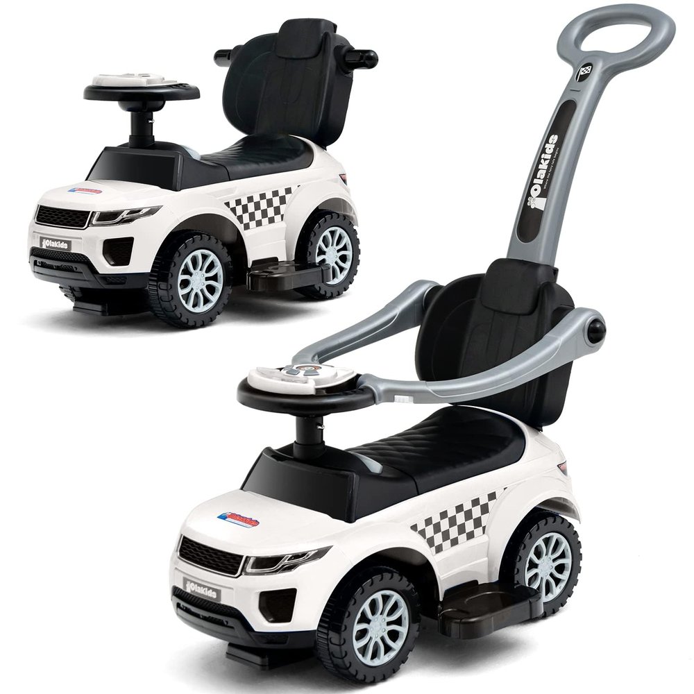 OLAKIDS 4 in 1 Ride on Push Car, Toddlers Stroller Sliding Walking Toy with Horn, Music, Lights, Removable Guardrails Handle, Underneath Storage, Foot-to-Floor Walker for Boys Girls (Ivory White)