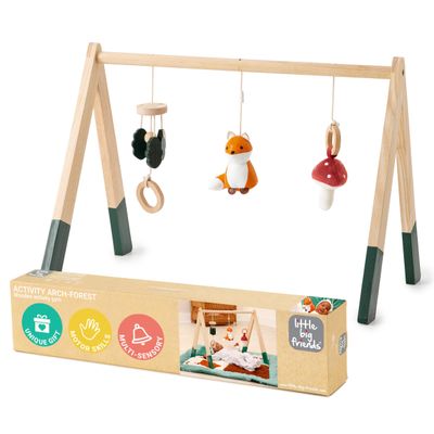 Little Big Friends Wooden Baby Activity Gym  Montessori Play Gym for Babies | Encourages Motor Skills & Sensory Development | Includes Crinkle Fabrics, Wooden Chimes & Hanging Toys  Forest