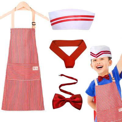 4 Pcs Kid Waiter Costume Kit Car Costume Red and White Striped Apron for Kids Adjustable Bib Aprons Jerk Chef Hat Adjustable Red Bow Ties for Kids 1950s Dinner Cosplay Dress Halloween Party