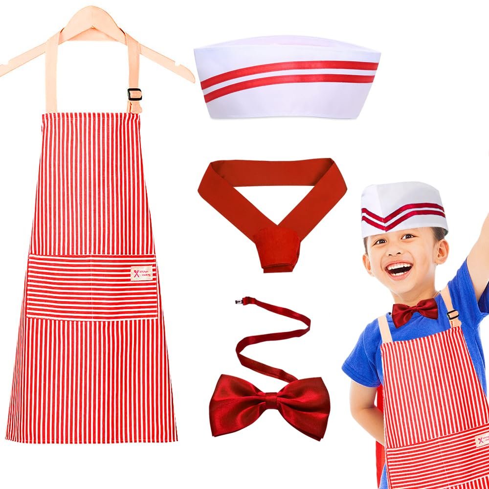 4 Pcs Kid Waiter Costume Kit Car Costume Red and White Striped Apron for Kids Adjustable Bib Aprons Jerk Chef Hat Adjustable Red Bow Ties for Kids 1950s Dinner Cosplay Dress Halloween Party