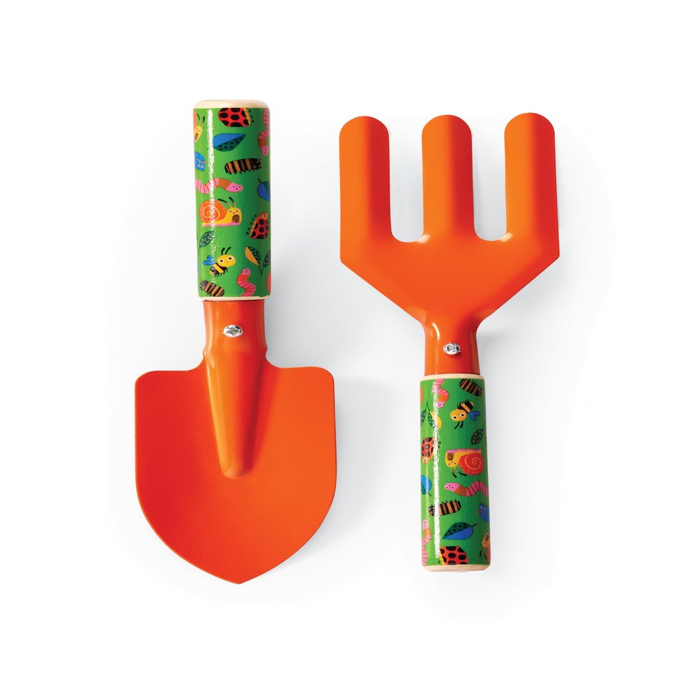 Crocodile Creek Garden Tools for Kids - Cute Kids' Tool Set for Helping in The Garden and Playing Outdoors - Includes 1 Metal/Wood Rake and 1 Metal/Wood Shovel - Garden Friends Theme