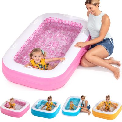 2-in-1 Inflatable Kiddie Pool, 65"x39"x10" (5'5") Soft Cushioned Floor, Handles, Drain, Shallow Rectangular Blowup Swimming Pool for Kids Age 2+ Toddler Ball Pit, Small Adult Backyard Tanning Pool