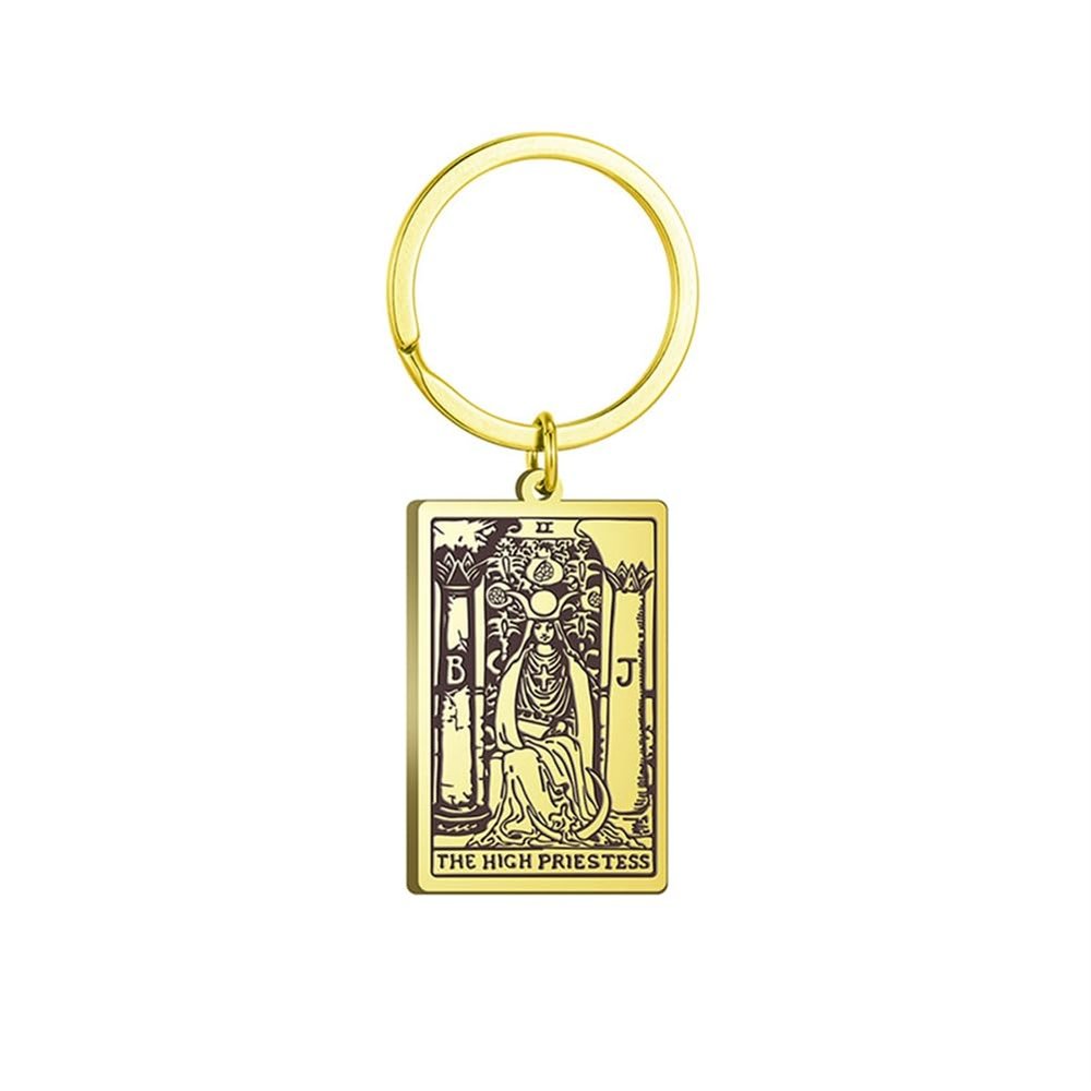 Axmerdal Tarot Cards Keychains with Chain Necklace Pendant Stainless Steel Vintage Astrology Divination Magic Amulet Wiccan Keyring (Gold-The High PriestessII)