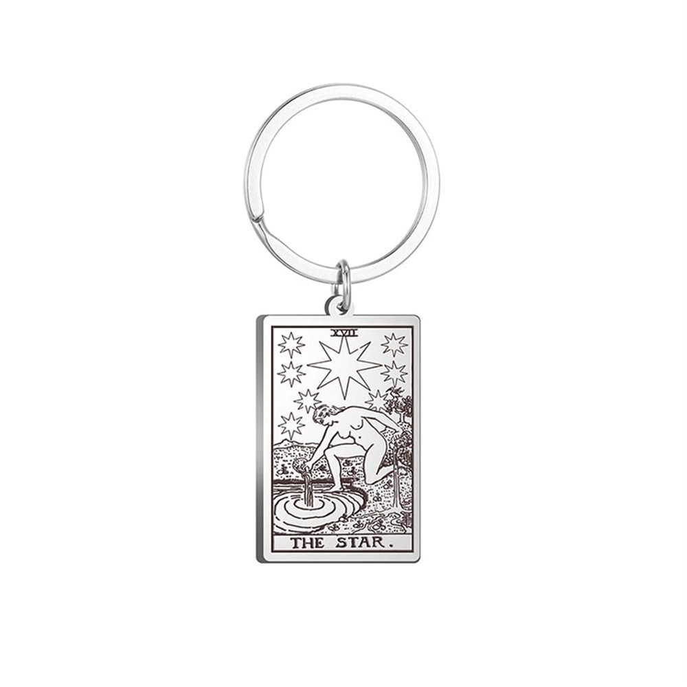 Axmerdal Tarot Cards Keychains with Chain Necklace Pendant Stainless Steel Vintage Astrology Divination Magic Amulet Wiccan Keyring (Silver-The StarXVII)
