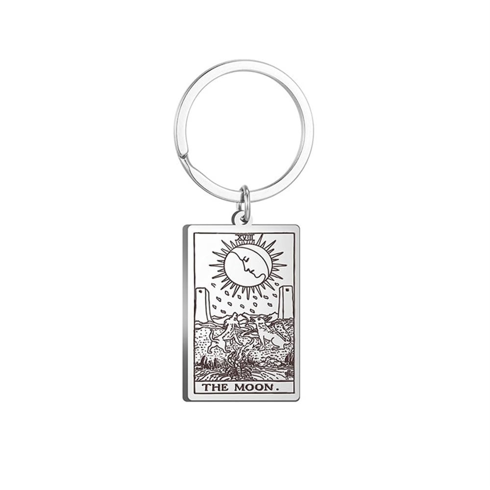 Axmerdal Tarot Cards Keychains with Chain Necklace Pendant Stainless Steel Vintage Astrology Divination Magic Amulet Wiccan Keyring (Silver-The MoonXVIII)