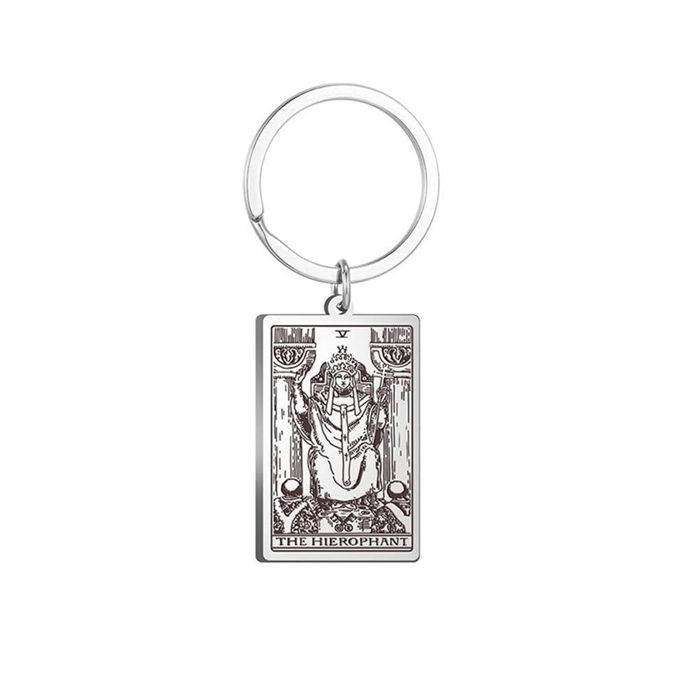 Axmerdal Tarot Cards Keychains with Chain Necklace Pendant Stainless Steel Vintage Astrology Divination Magic Amulet Wiccan Keyring (Silver-The HierophantV)
