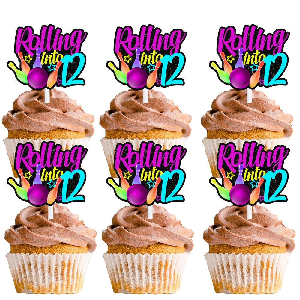 18pcs Glitter Bowling Ball Dessert Cupcake Topper Bowling Rolling into 12 Theme Decor Supplies Boys Girls Happy 12th Birthday Party Decorations