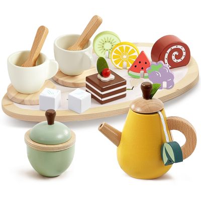 PairPear Wooden Tea Party Set for Little Girls, Kids Tea Sets for Toddler 3-5, 20pcs Pretend Play Fruit Tea Playset Kitchen Accessories Wooden Toys Food for Christmas Birthday