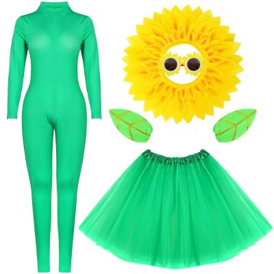 5pcs Sunflower Halloween Costumes for Women Cosplay Green Bodysuit Skirt Yellow Hood Headpiece Glasses Leaf Glove Accessory